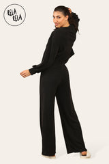 Balloon Sleeve Tie Front Top & Wide Leg Trousers Loungewear Set Co-Ord in Black back