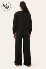 Balloon Sleeve Tie Front Top & Wide Leg Trousers Loungewear Set Co-Ord in Black back