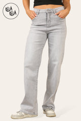 Soft stretchy wide leg jeans in light grey — high rise fit for women