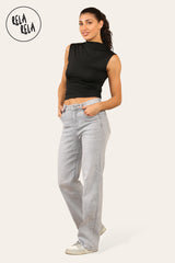 Side view of stretchy straight leg jeans with soft fit and flattering high rise in light grey