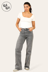 Model wearing stretchy high rise wide leg jeans in dark grey