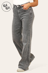 Side view of stretchy straight leg jeans with soft fit and flattering high rise in dark grey