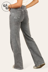 Back view of stretchy high rise jeans for women in dark grey