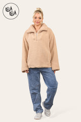 Teddy Fleece Funnel Neck Half Zip Outerwear Winter Jacket in Camel full