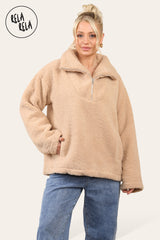 Teddy Fleece Funnel Neck Half Zip Outerwear Winter Jacket in Camel