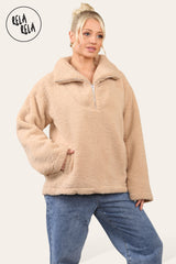 Teddy Fleece Funnel Neck Half Zip Outerwear Winter Jacket in Camel side