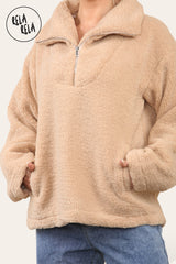 Teddy Fleece Funnel Neck Half Zip Outerwear Winter Jacket in Camel detail