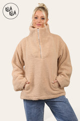 Teddy Fleece Funnel Neck Half Zip Outerwear Winter Jacket in Camel front