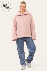 Teddy Fleece Funnel Neck Half Zip Outerwear Winter Jacket in Rose Pink full