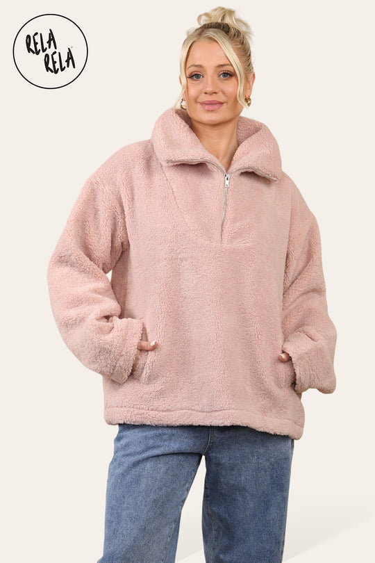 Teddy Fleece Funnel Neck Half Zip Outerwear Winter Jacket in Rose Pink