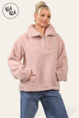 Teddy Fleece Funnel Neck Half Zip Outerwear Winter Jacket in Rose Pink side