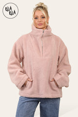 Teddy Fleece Funnel Neck Half Zip Outerwear Winter Jacket in Rose Pink 2