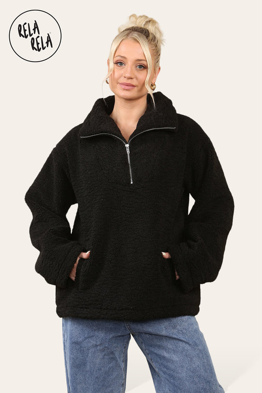 Teddy Fleece Funnel Neck Half Zip Outerwear Winter Jacket in Black