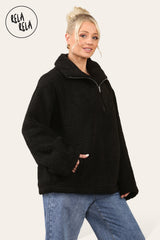 Teddy Fleece Funnel Neck Half Zip Outerwear Winter Jacket in Black side