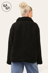 Teddy Fleece Funnel Neck Half Zip Outerwear Winter Jacket in Black back