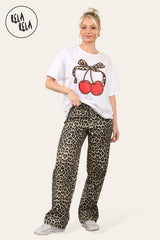 Womens Leopard Print Denim Straight Wide Leg Baggy Jeans front 3