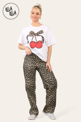 Womens Leopard Print Denim Straight Wide Leg Baggy Jeans full
