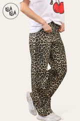 Womens Leopard Print Denim Straight Wide Leg Baggy Jeans side