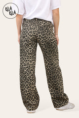 Womens Leopard Print Denim Straight Wide Leg Baggy Jeans back