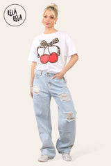 Womens High Waisted Wide Leg Ripped Denim Jeans all