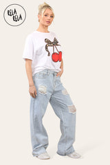 Womens High Waisted Wide Leg Ripped Denim Jeans side 2