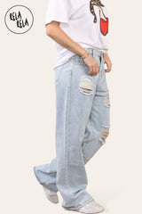 Womens High Waisted Wide Leg Ripped Denim Jeans side