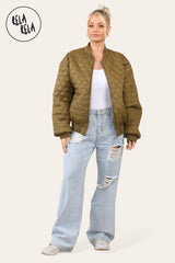 Cropped Quilted Oversize Bomber Jacket Winter Jacket in Khaki full