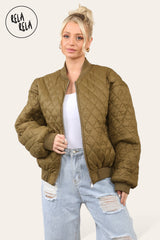 Cropped Quilted Oversize Bomber Jacket Winter Jacket in Khaki front 2