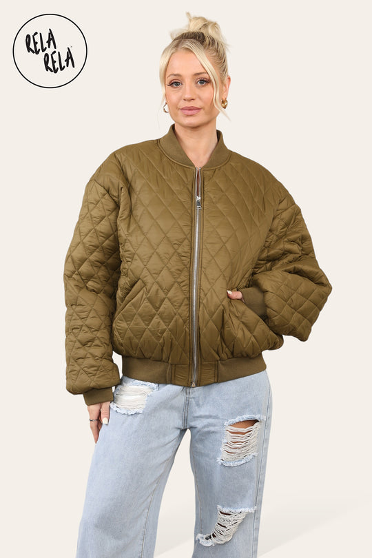Cropped Quilted Oversize Bomber Jacket Winter Jacket in Khaki