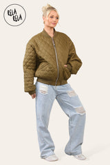Cropped Quilted Oversize Bomber Jacket Winter Jacket in Khaki full 2