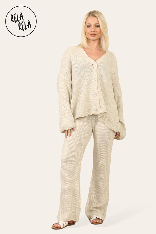 Slouchy Knit Jumper & Wide Leg Trousers Loungewear Set Co-Ord in Beige