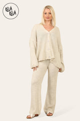Slouchy Knit Jumper & Wide Leg Trousers Loungewear Set Co-Ord in Beige