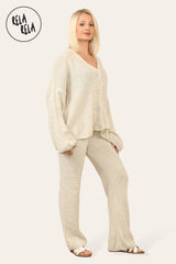 Slouchy Knit Jumper & Wide Leg Trousers Loungewear Set Co-Ord in Beige side