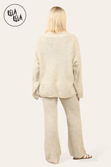 Slouchy Knit Jumper & Wide Leg Trousers Loungewear Set Co-Ord in Beige back