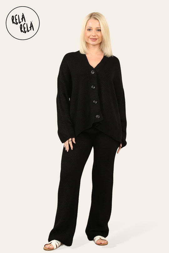 Slouchy Knit Jumper & Wide Leg Trousers Loungewear Set Co-Ord in Black