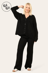 Slouchy Knit Jumper & Wide Leg Trousers Loungewear Set Co-Ord in Black front