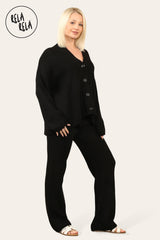 Slouchy Knit Jumper & Wide Leg Trousers Loungewear Set Co-Ord in Black side