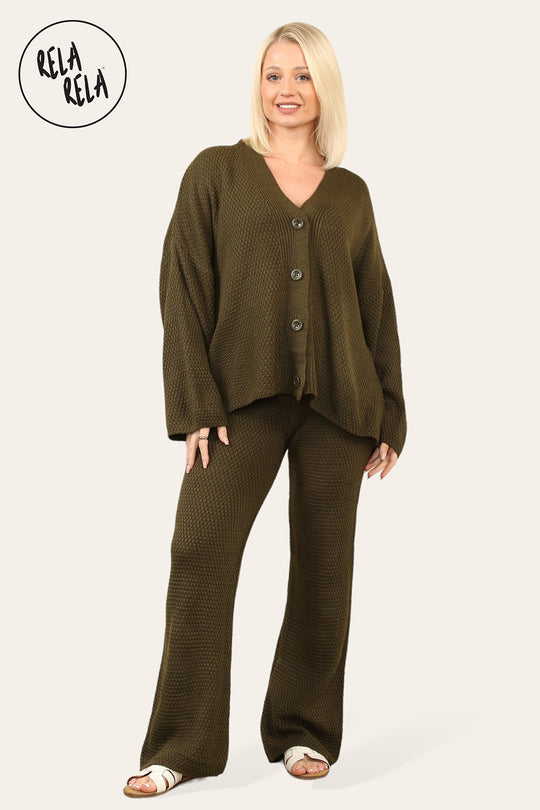 Slouchy Knit Jumper & Wide Leg Trousers Loungewear Set Co-Ord in Khaki