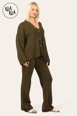 Slouchy Knit Jumper & Wide Leg Trousers Loungewear Set Co-Ord in Khaki side