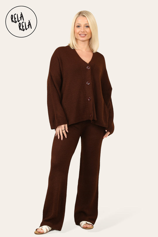 Slouchy Knit Jumper & Wide Leg Trousers Loungewear Set Co-Ord in Chocolate