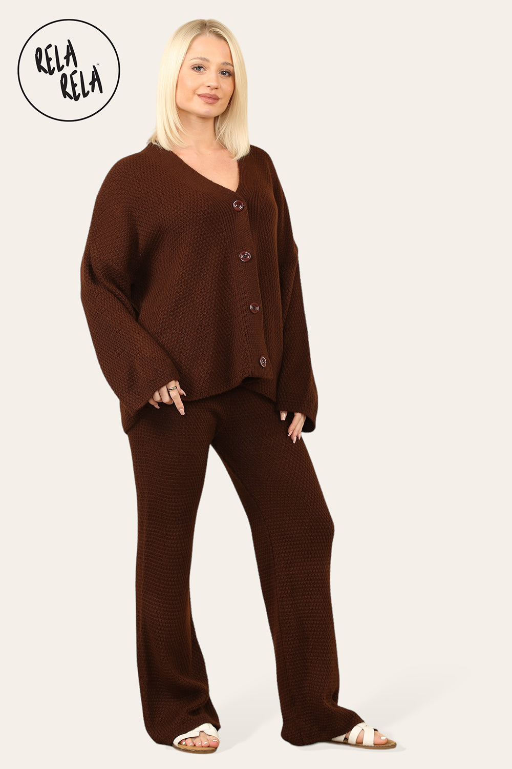 Slouchy Knit Jumper Wide Leg Trousers Loungewear Set Co-Ord in Choco