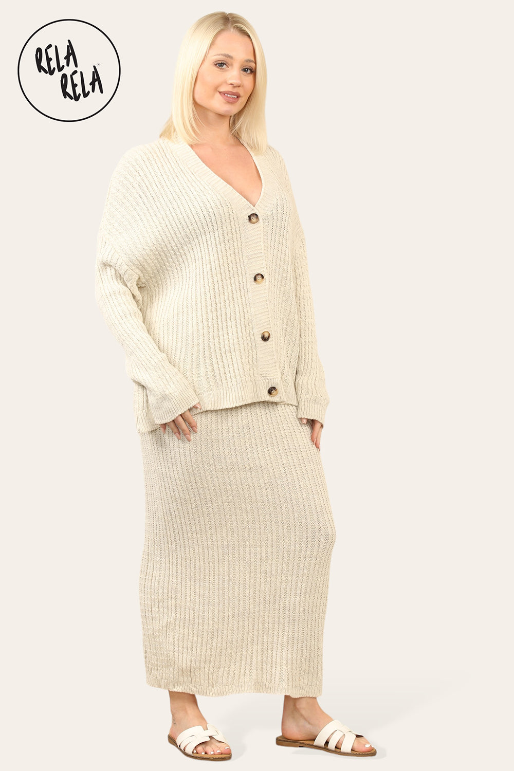 Slouchy Knit Jumper Midi Skirt Loungewear Set Co-Ord in Beige