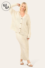 Slouchy Knit Jumper & Midi Skirt Loungewear Set Co-Ord in Beige front