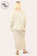 Slouchy Knit Jumper & Midi Skirt Loungewear Set Co-Ord in Beige back
