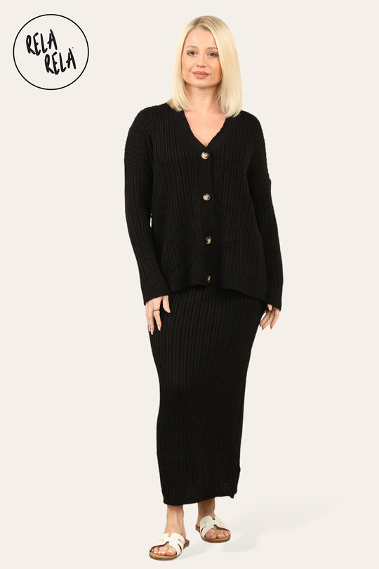 Slouchy Knit Jumper & Midi Skirt Loungewear Set Co-Ord in Black