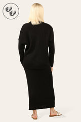 Slouchy Knit Jumper & Midi Skirt Loungewear Set Co-Ord in Black back