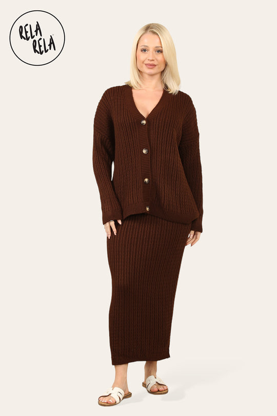 Slouchy Knit Jumper & Midi Skirt Loungewear Set Co-Ord in Chocolate