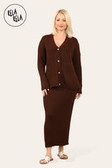 Slouchy Knit Jumper & Midi Skirt Loungewear Set Co-Ord in Chocolate