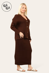 Slouchy Knit Jumper & Midi Skirt Loungewear Set Co-Ord in Chocolate
