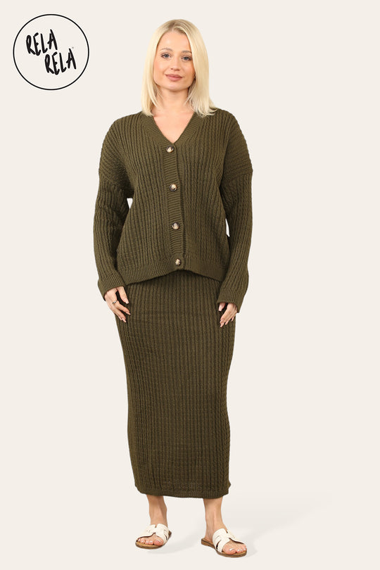 Slouchy Knit Jumper & Midi Skirt Loungewear Set Co-Ord in Khaki